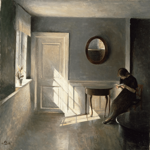 Peter Ilsted Interior with sunlight through the window and a young girl reading a letter (1908) t3 1.png