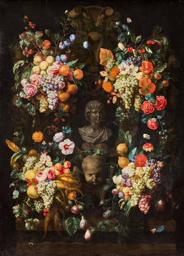 Circle of Joris van Son, Antwerp A garland of grapes, cherries, plums, figs, lemons, roses, carnatio.jpg