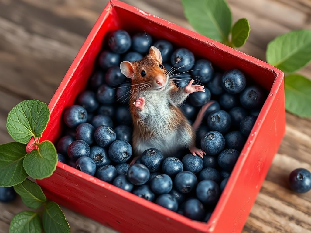 A red box of blue berries with a rat dancing inside