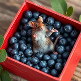 www.naked-ai.art - A red box of blue berries with a rat dancing inside