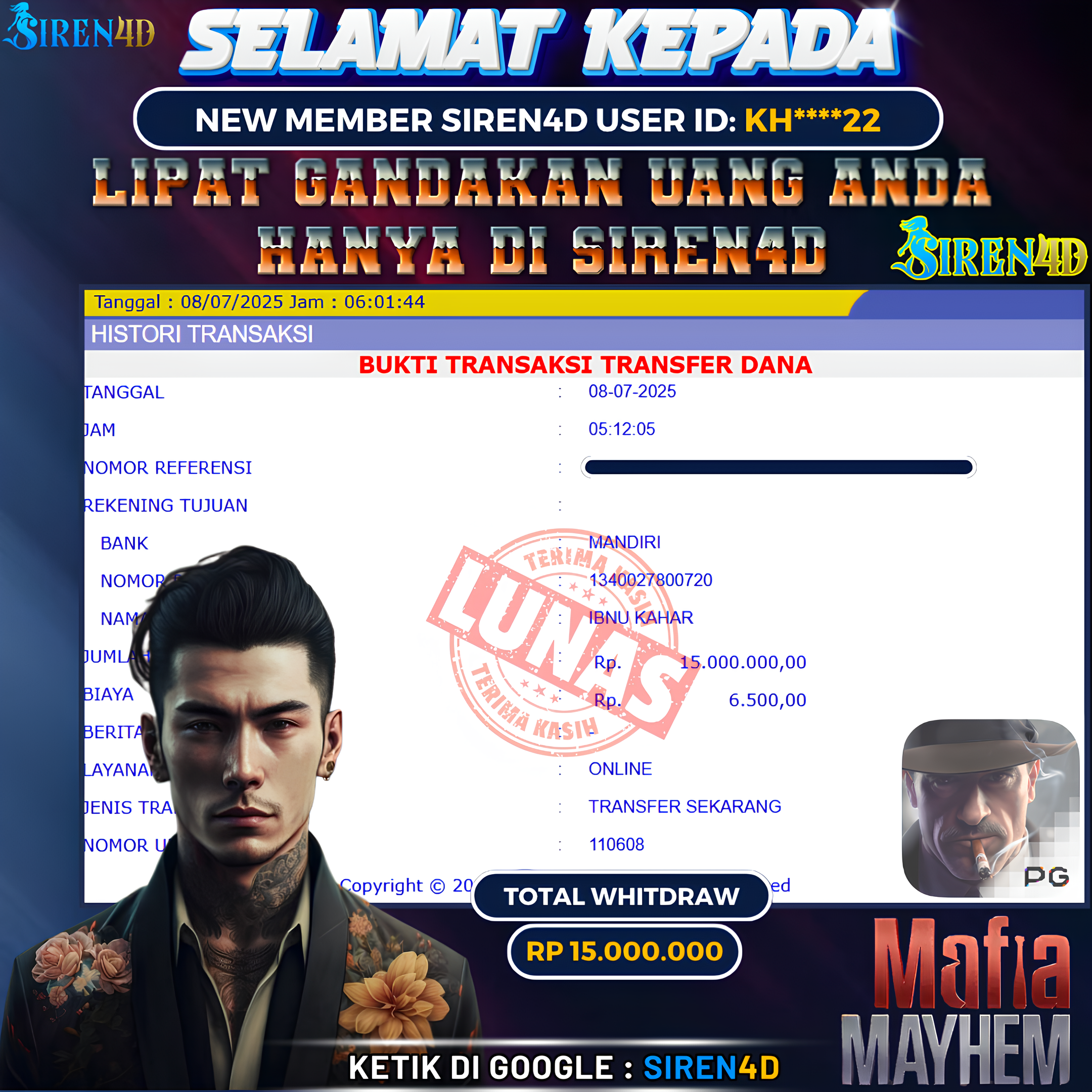 SIREN4D  - JACKPOT DI GAME SLOT MAFIA MAYHEM RP 15JT DIBAYAR LUNAS