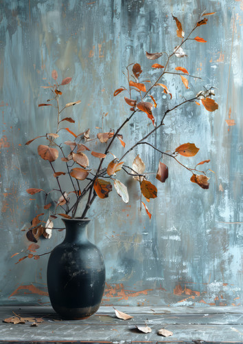 image inspired still life painting featuring black vase adorned with leaves autumn.jpg