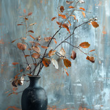 image inspired still life painting featuring black vase adorned with leaves autumn
