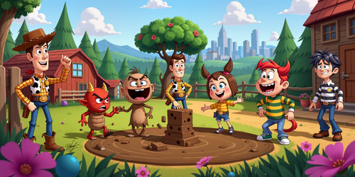 A scene depicting a variety of characters exhibiting different behaviors in a whimsical cartoon like.jpg