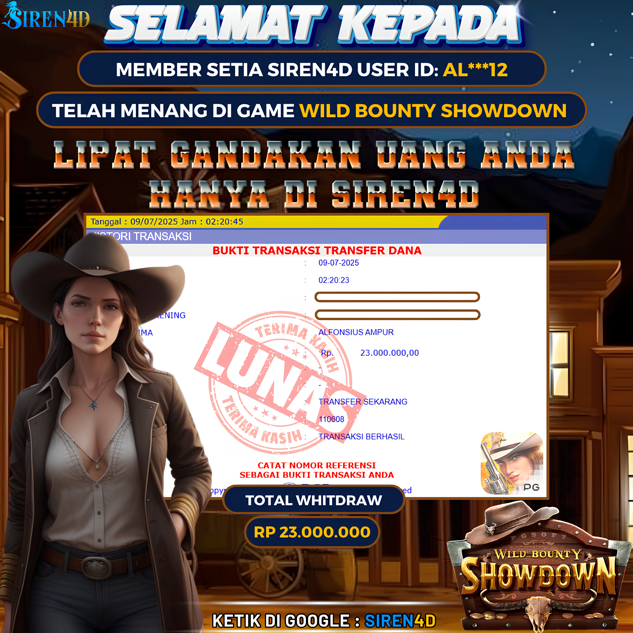 SIREN4D  - JACKPOT DI GAME SLOT WILD BOUNTY SHOWDOWN RP 23JT DIBAYAR LUNAS