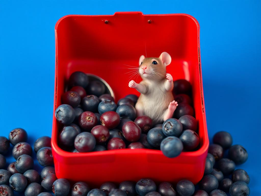 A red box of blue berries with a rat dancing inside