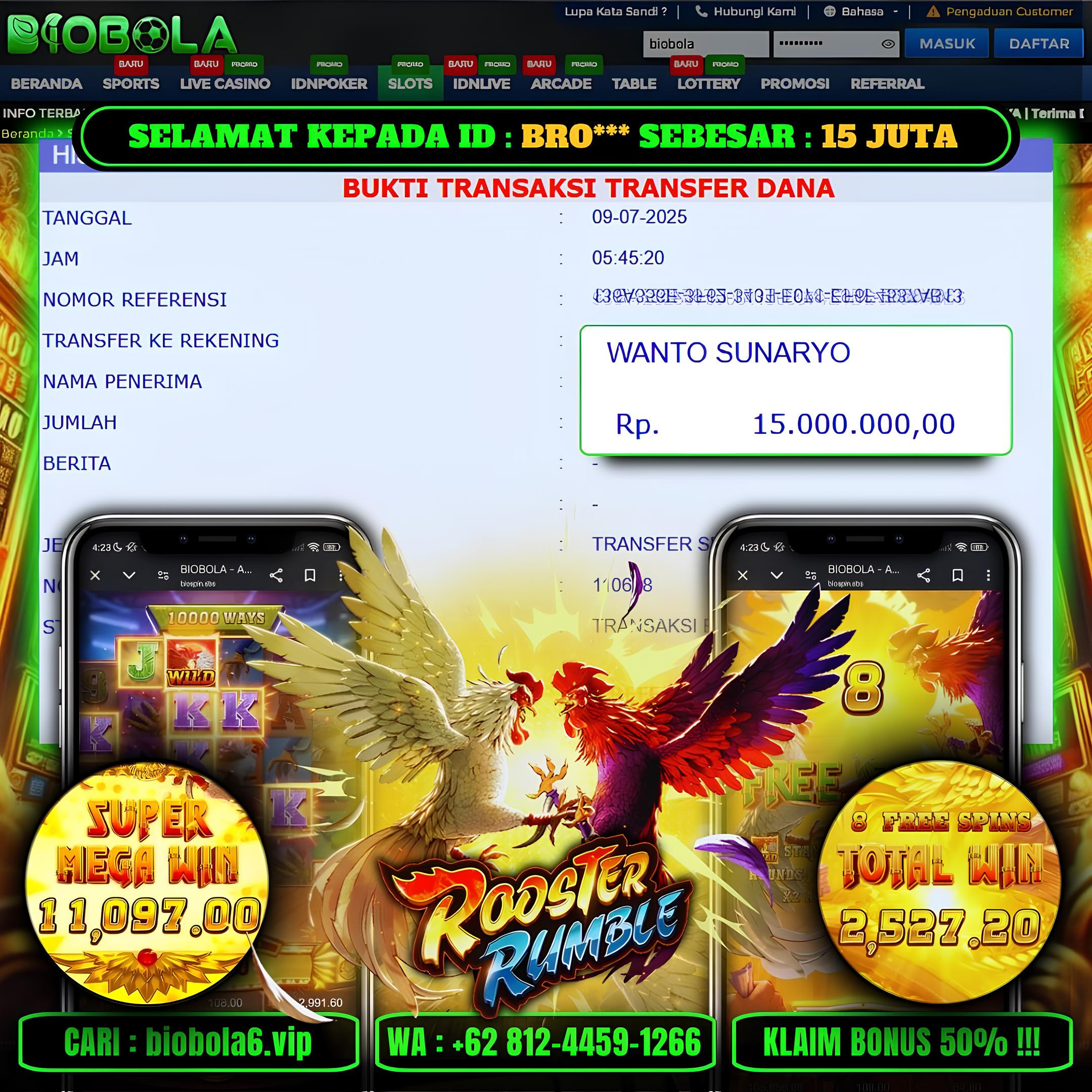 BIOBOLA  - JACKPOT DI GAME SLOT ROOSTER RUMBLE RP 15JT DIBAYAR LUNAS