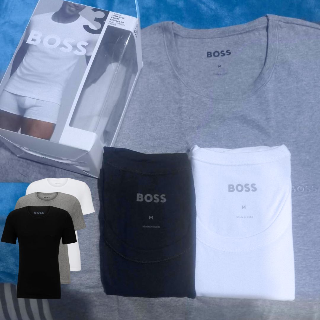 BOSS Pacote com 3 camisetas masculinas de algodão e gola redonda