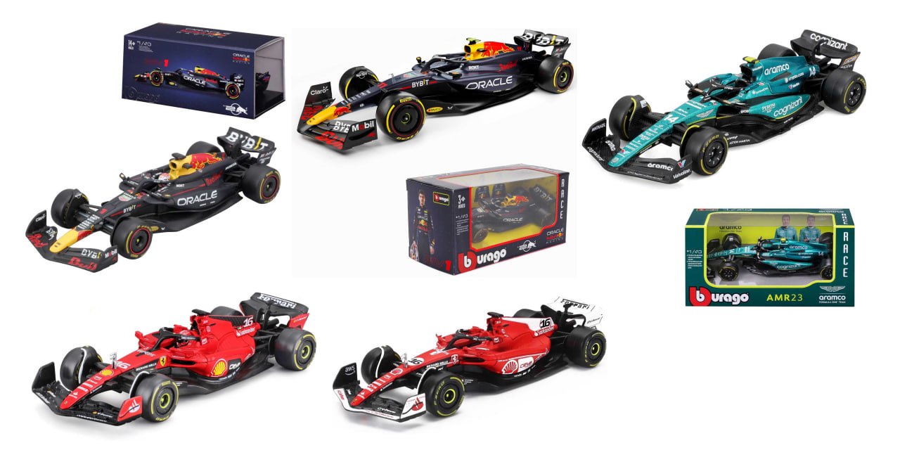 Miniaturas Fórmula 1 1:43 Bburago – Red Bull, Ferrari, Aston Martin