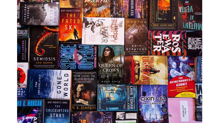 Science fiction books in a jigsaw formation.