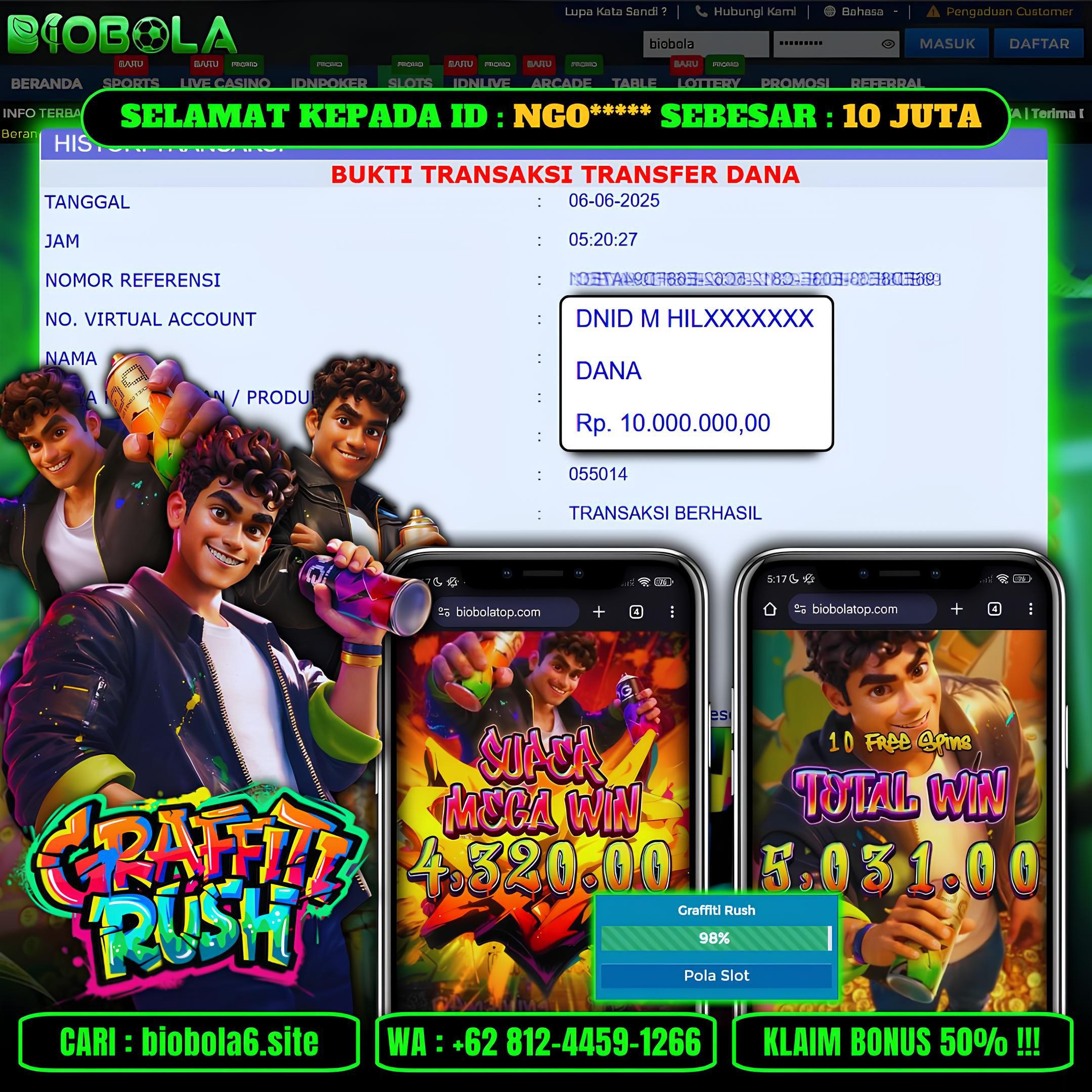 BIOBOLA  - JACKPOT DI GAME SLOT GRAFFITI RUSH  RP 10JT DIBAYAR LUNAS
