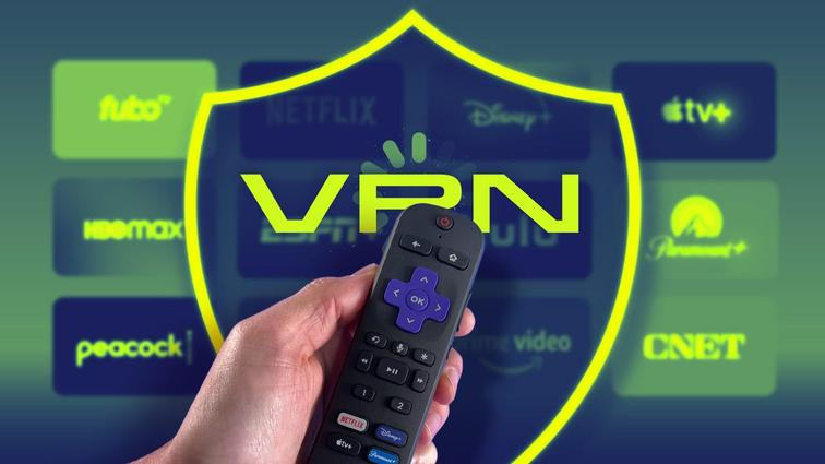 None Hand holding a remote pointing to a TV screen with tiled streaming service icons overlaid with a VPN shield graphic.