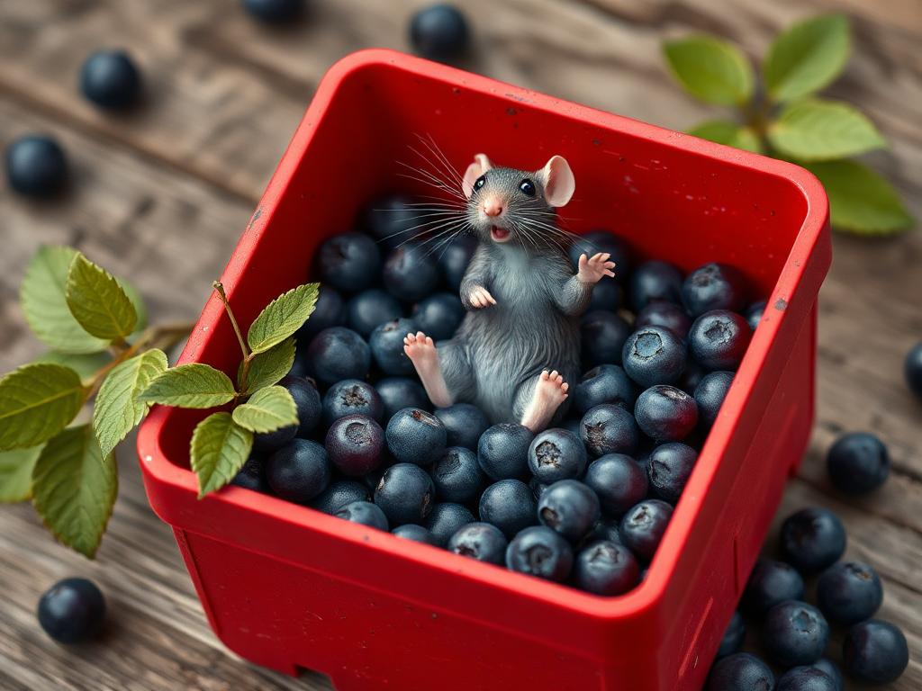 A red box of blue berries with a rat dancing inside