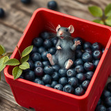 www.naked-ai.art - A red box of blue berries with a rat dancing inside