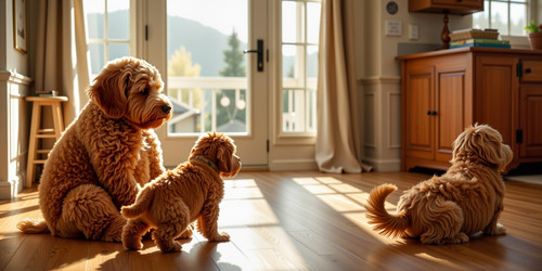  A photorealistic scene of an adorable meeting between two plump labradoodles Big Belly Bob and Litt.jpg