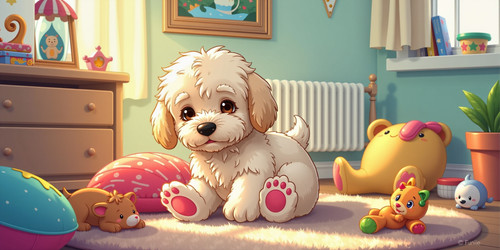  A charming illustration of Little Belly Bob a small plush labradoodle with a noticeably round belly.jpg
