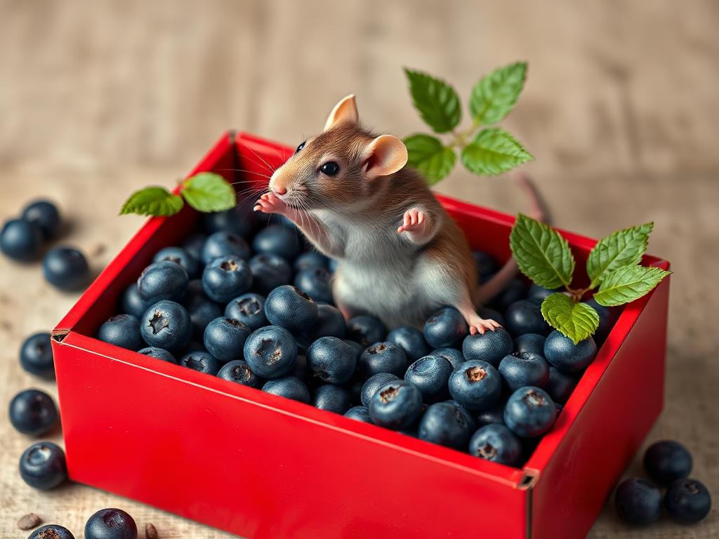 A red box of blue berries with a rat dancing inside