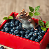 www.naked-ai.art - A red box of blue berries with a rat dancing inside
