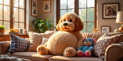  A heartwarming scene featuring Big Belly Bob the beloved plush labradoodle with an absurdly large s.jpg
