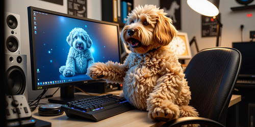 plush labradoodle with absurdly large spherical belly usually sitting like a teddy bear enthusiastic.jpg
