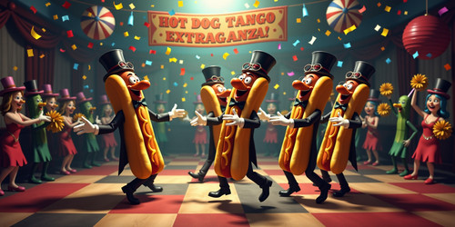 A whimsical and utterly silly scene featuring a group of anthropomorphic hot dogs wearing top hats .jpg