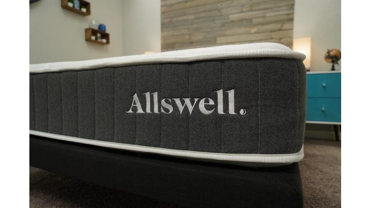 None The end corner of an Allswell mattress.