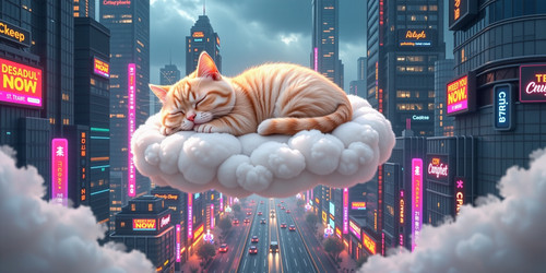  A whimsical scene featuring an incredibly cute cat sleeping peacefully on a fluffy white cloud The .jpg