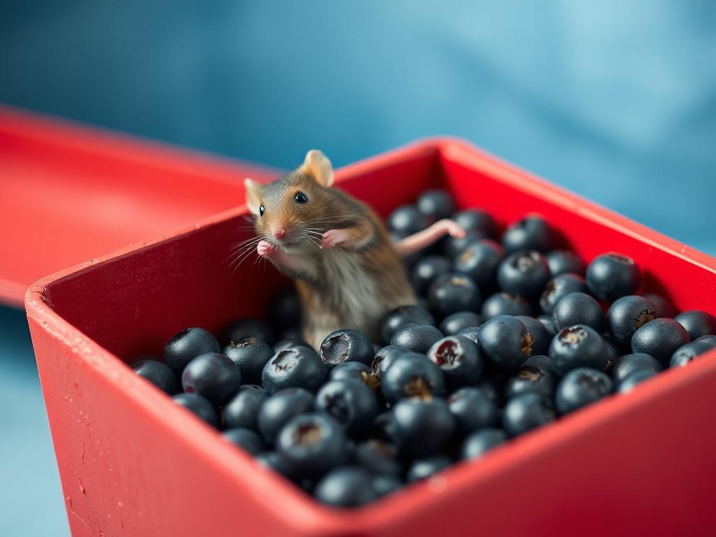 A red box of blue berries with a rat dancing inside