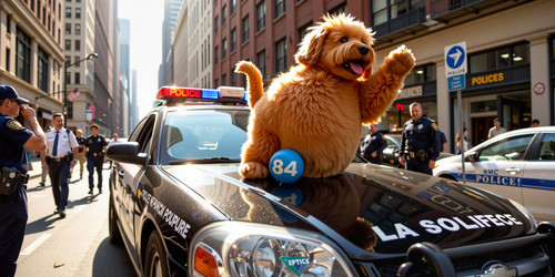  A dynamic and lively scene unfolding on a bustling city street Big Belly Bob the plush labradoodle .jpg