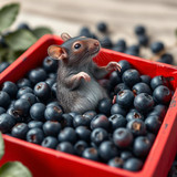 www.naked-ai.art - A red box of blue berries with a rat dancing inside