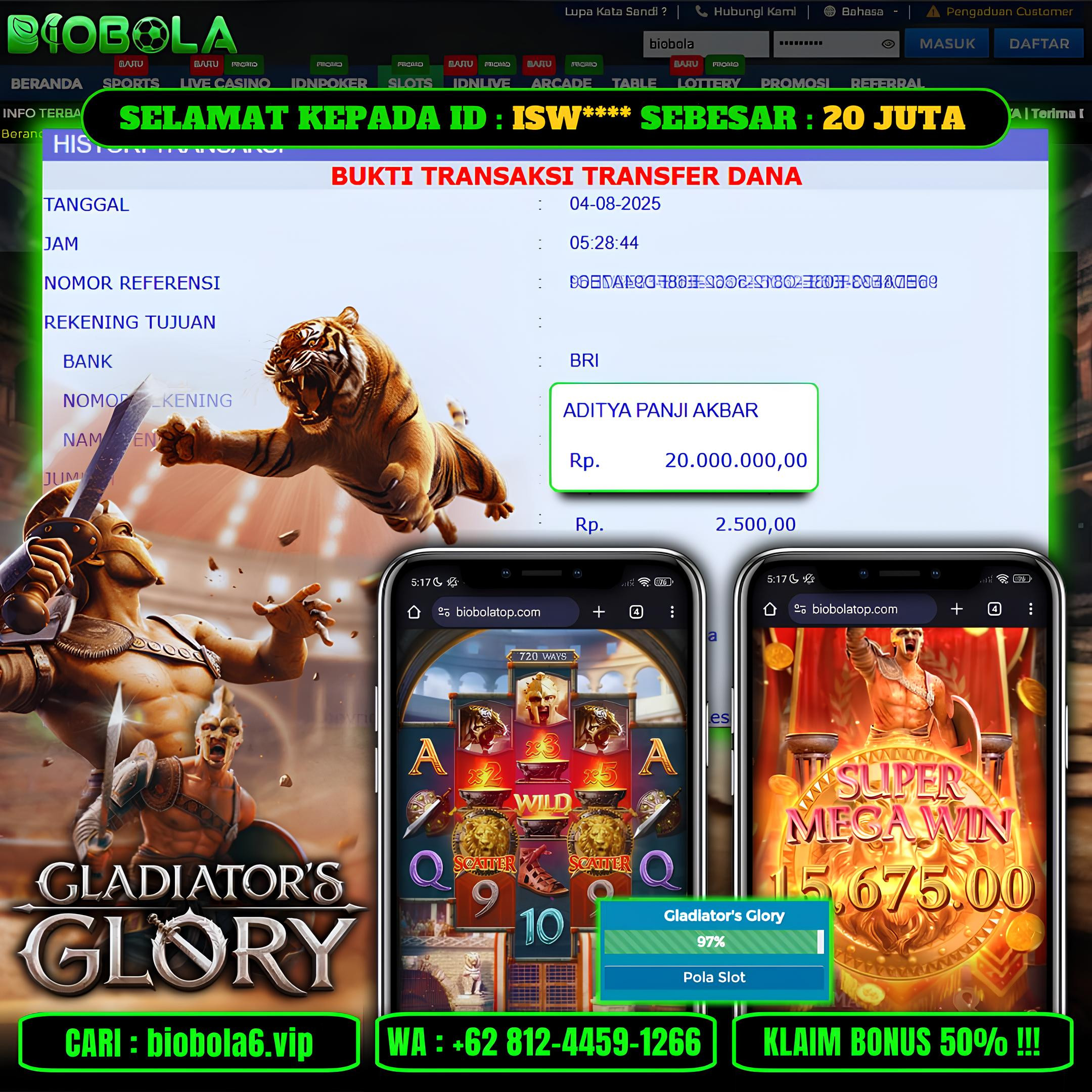 BIOBOLA  - JACKPOT DI GAME SLOT GLADIATOR'S GLORY RP 20JT DIBAYAR LUNAS