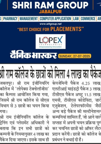 Dainik Bhaskar Update-3 CS Students of Shri Ram Group Placed in Lopex Technologies with 4 Lacs Packa.jpg