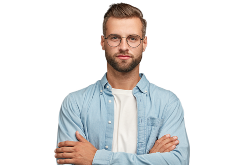 handsome bearded guy posing against white wall.png