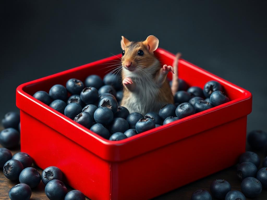 A red box of blue berries with a rat dancing inside