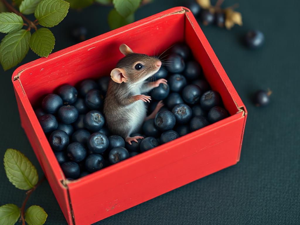 A red box of blue berries with a rat dancing inside