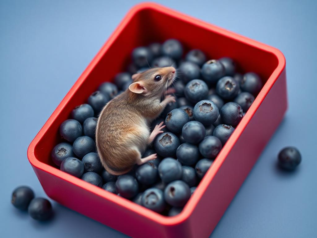 A red box of blue berries with a rat dancing inside