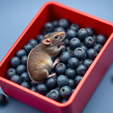 www.naked-ai.art - A red box of blue berries with a rat dancing inside