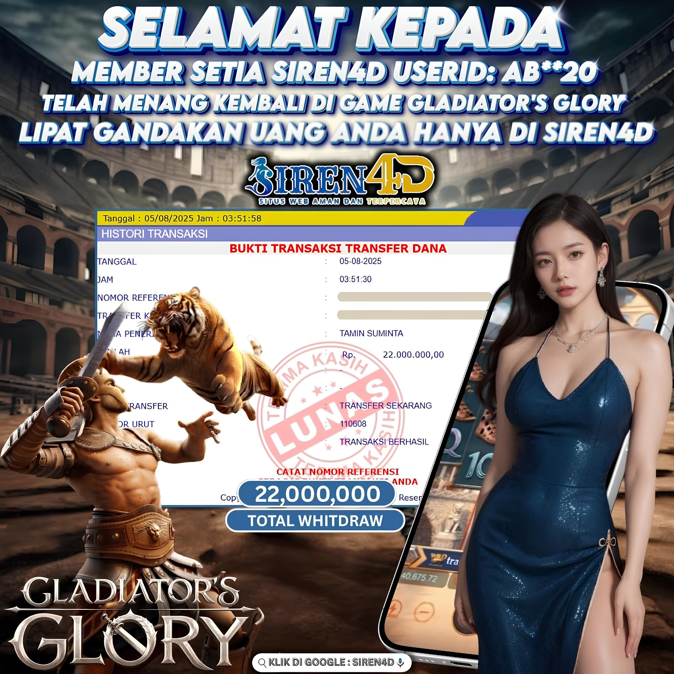 SIREN4D  - JACKPOT DI GAME SLOT GLADIATOR'S GLORY RP 22JT DIBAYAR LUNAS