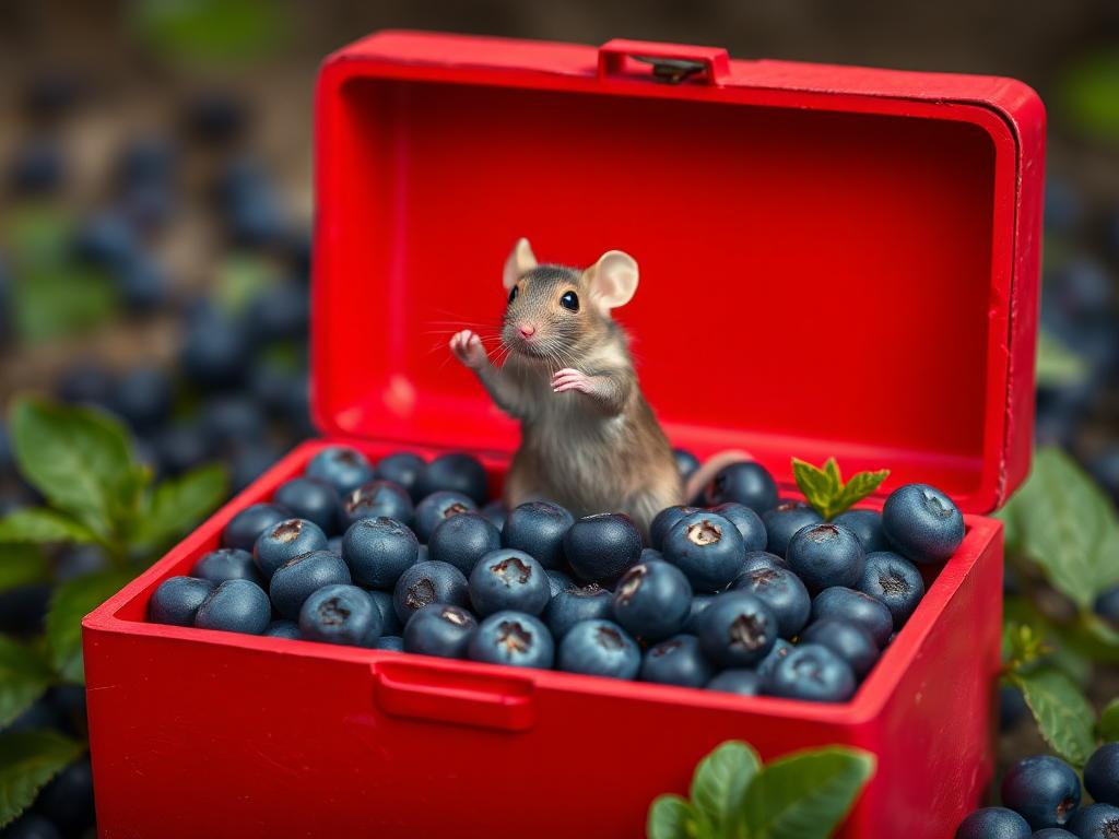 A red box of blue berries with a rat dancing inside