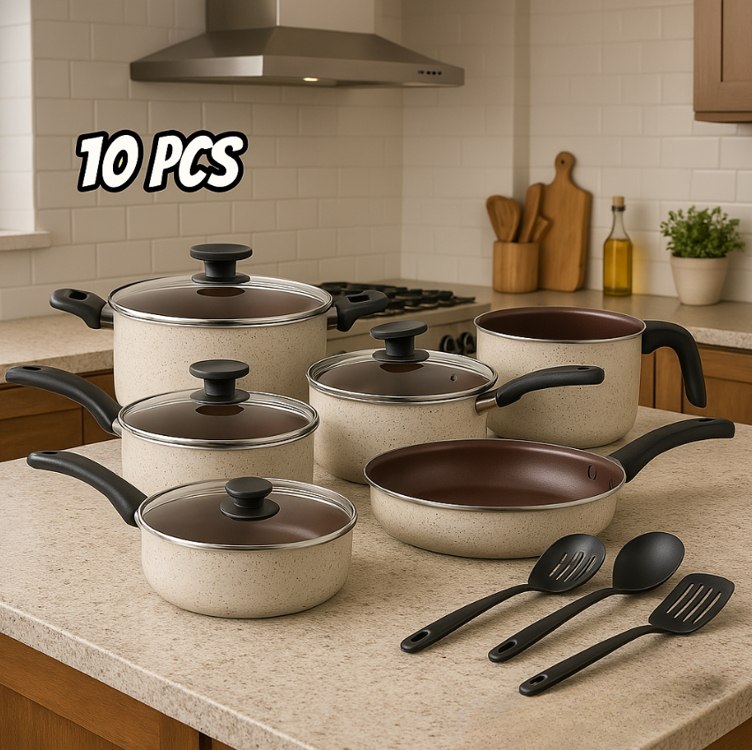 Conjunto De Panelas Antiaderente 10 Peças Teflon Linha Coffee Cappuccino Tampa De Vidro