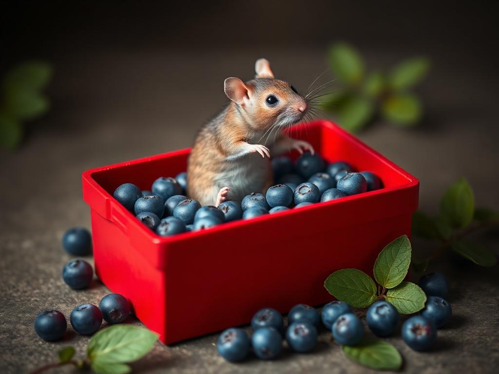 A red box of blue berries with a rat dancing inside