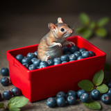 www.naked-ai.art - A red box of blue berries with a rat dancing inside