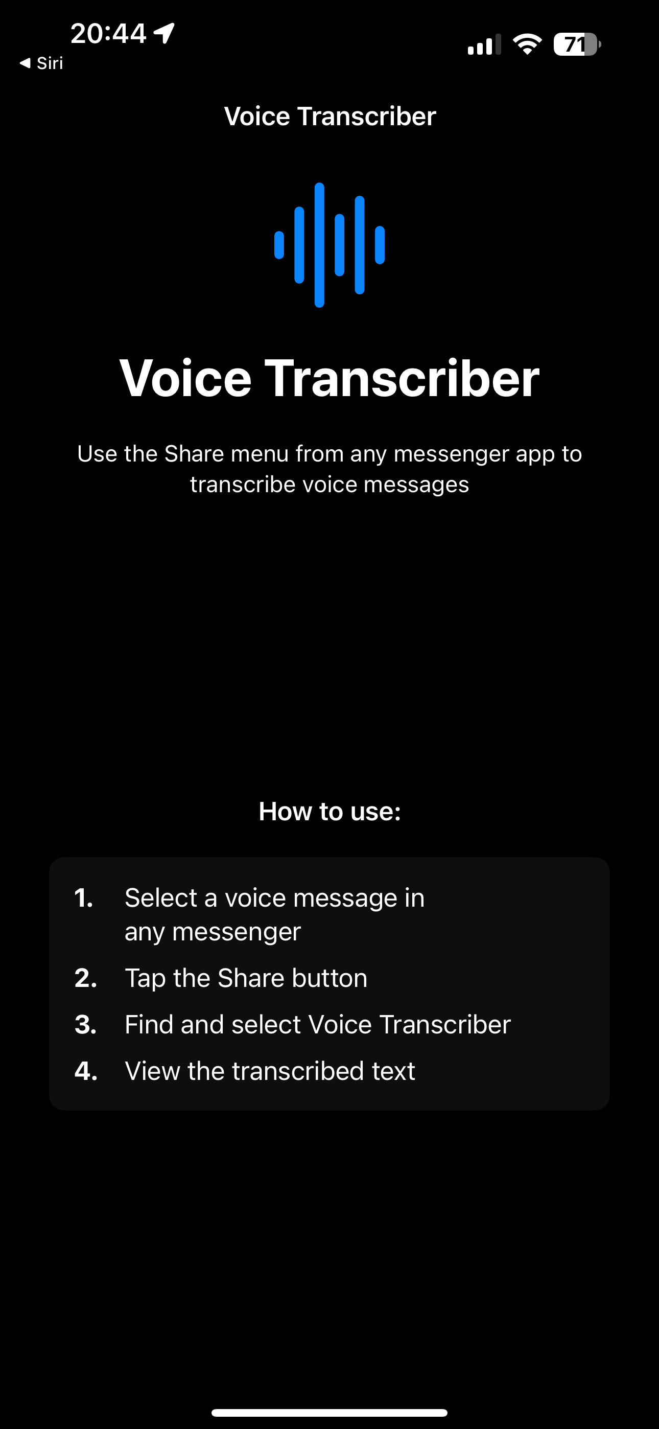 QuietMessage voice to text transcription app interface