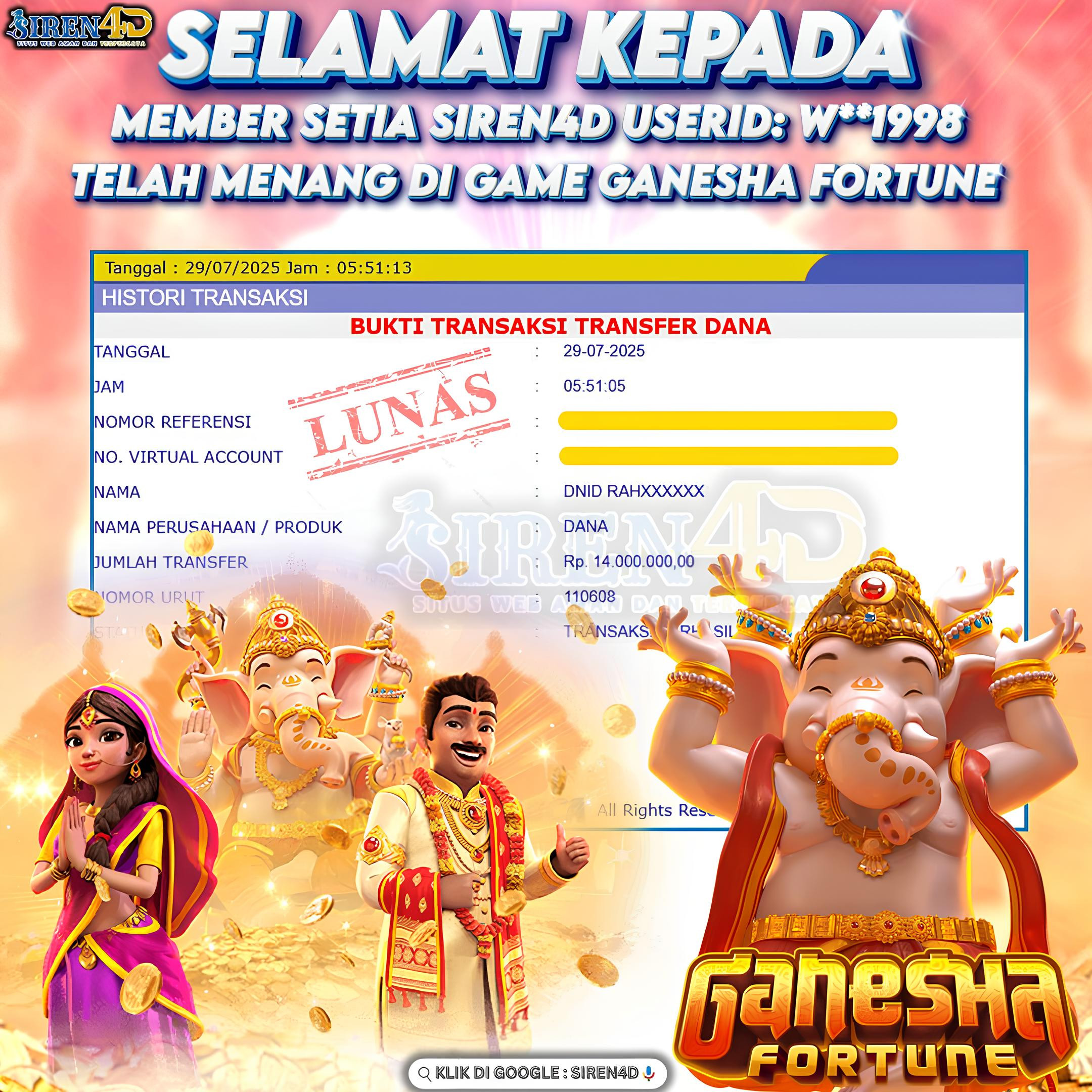 SIREN4D  - JACKPOT DI GAME SLOT GANESHA FORTUNE RP 14JT DIBAYAR LUNAS