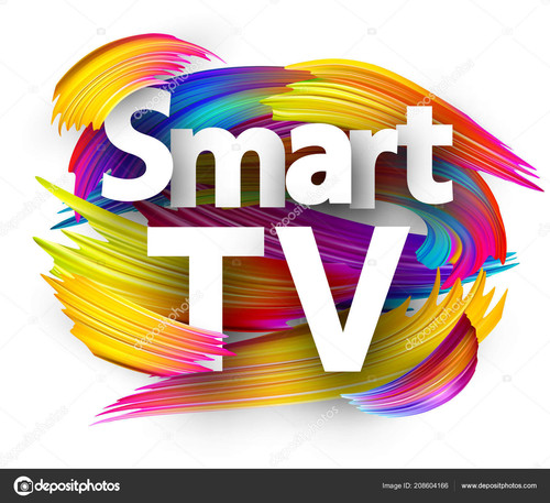 Smart TV sign with spectrum brush strokes on white background. Colorful gradient brush design. Label.jpg