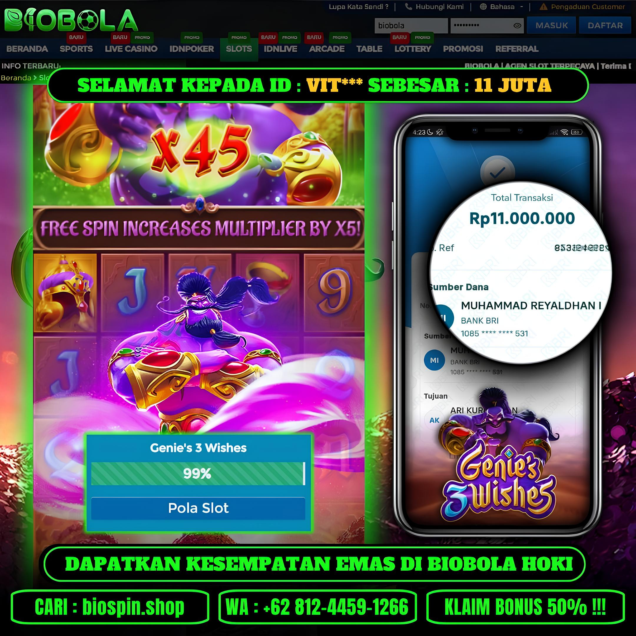 BIOBOLA  - JACKPOT DI GAME SLOT GENIES 3 WISHES RP 11JT DIBAYAR LUNAS