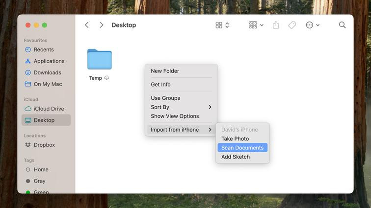 None Screenshot of a mac showing a dropdown menu in Finder ending in a highlighted options Scan Documents.
