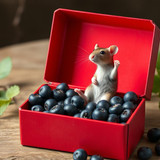 www.naked-ai.art - A red box of blue berries with a rat dancing inside