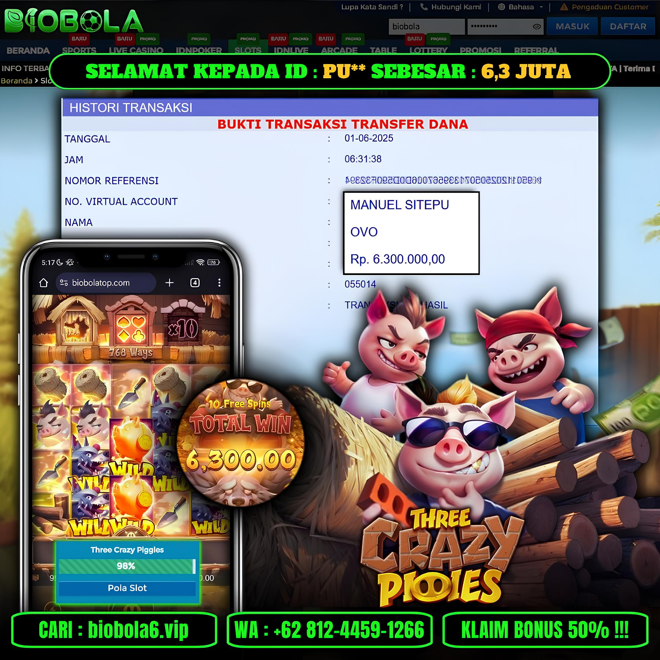 BIOBOLA  - JACKPOT DI GAME SLOT THREE CRAZY PIGGIES RP 6,3JT DIBAYAR LUNAS