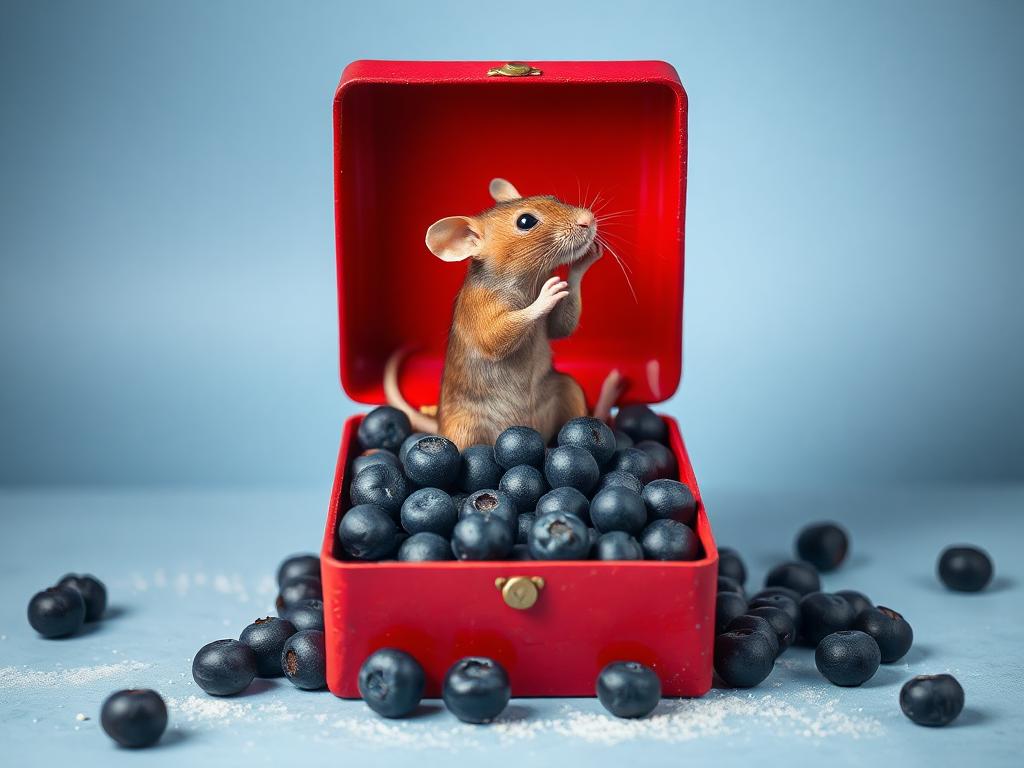 A red box of blue berries with a rat dancing inside